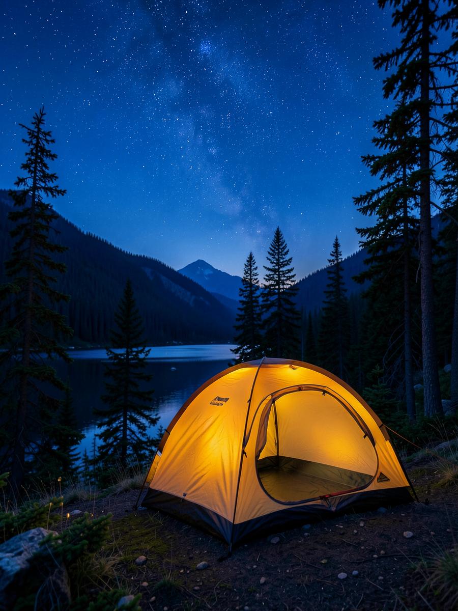 Lit camping tent beside a hill lake under stars