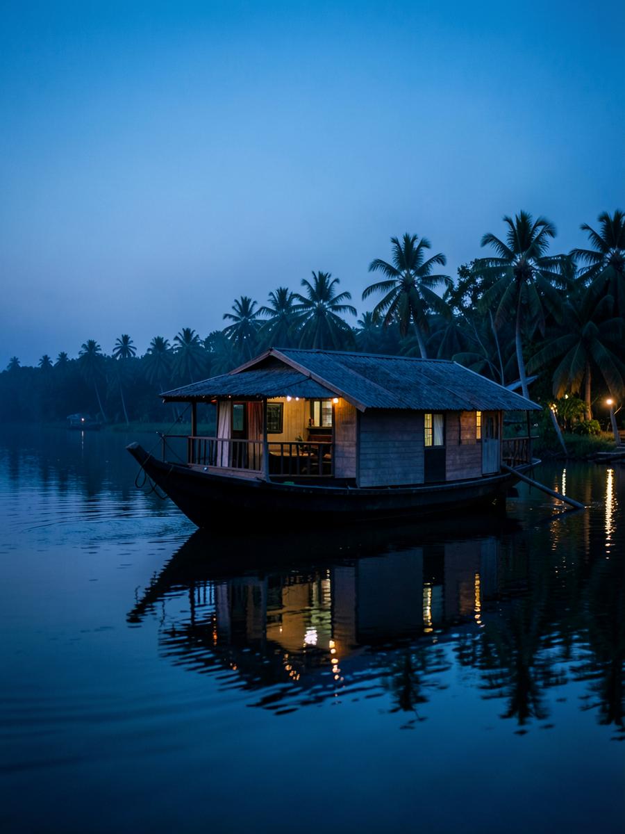 Kerala backwater houseboat at blue hour