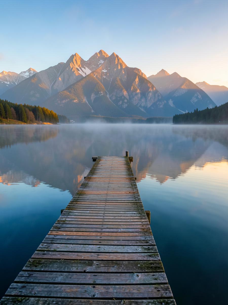 Wooden pier over a still mountain lake at sunrise